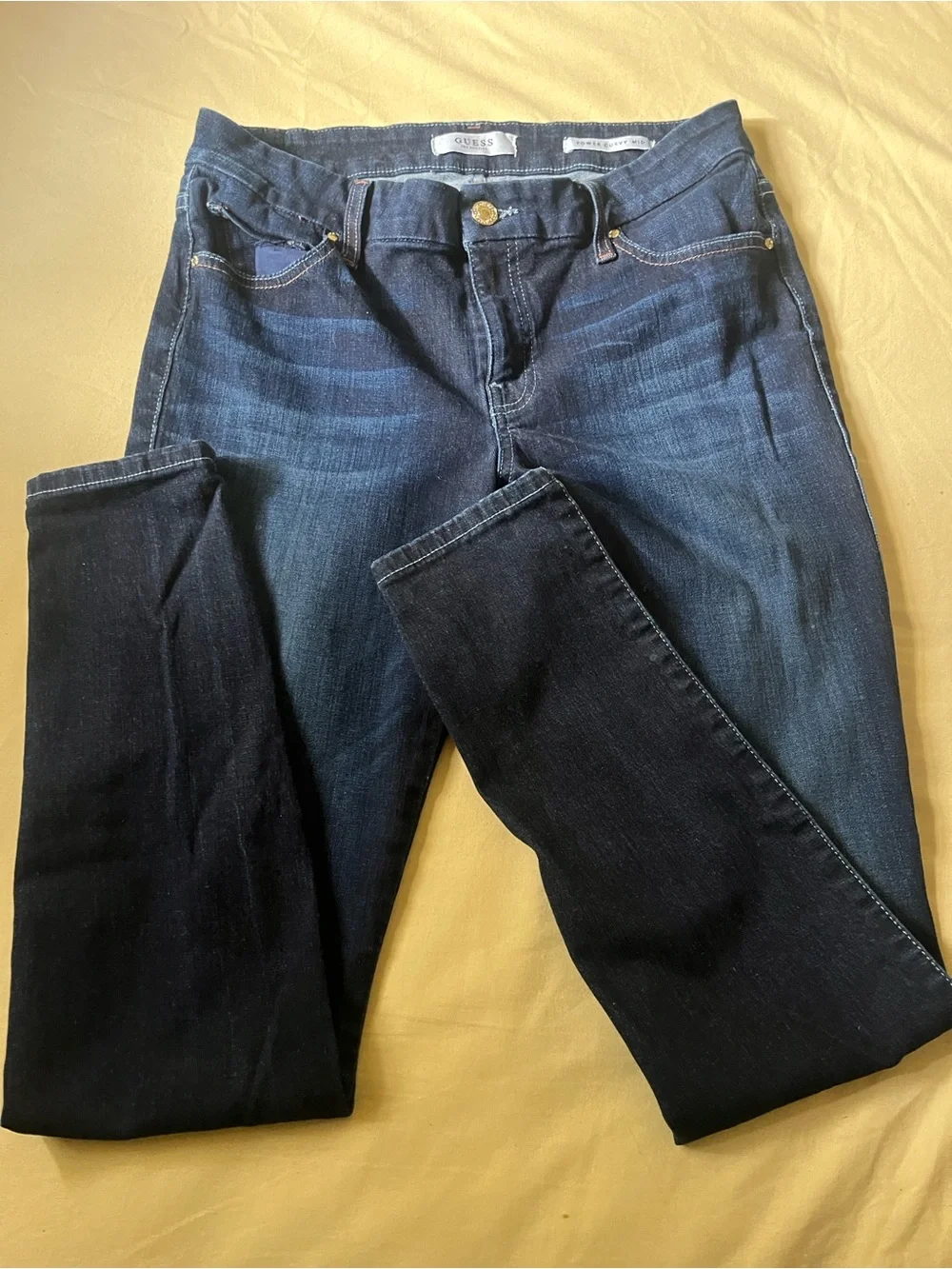 GUESS Power Cirvy Mid Dark Blue Denim Jeans with Brown Stitching Accents - Picture 2 of 7